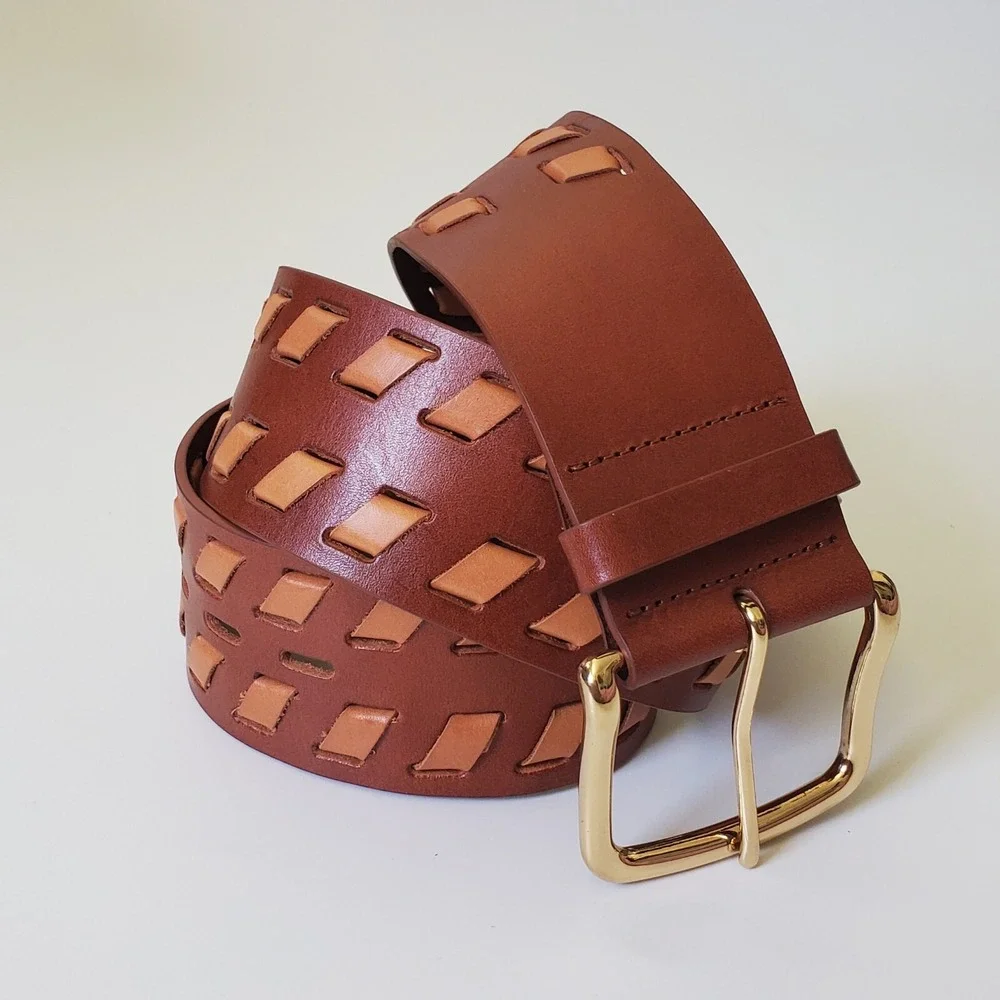 Chicos Wide Woven Leather Hip Belt Medium‎ Brown Tan Adjustable Boho Western